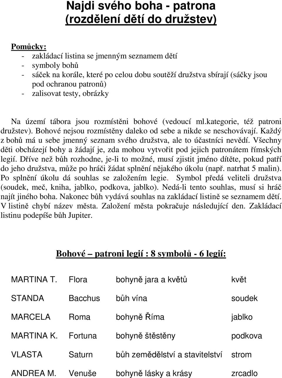 Každý z bohů má u sebe jmenný seznam svého družstva, ale to účastníci nevědí. Všechny děti obcházejí bohy a žádají je, zda mohou vytvořit pod jejich patronátem římských legií.