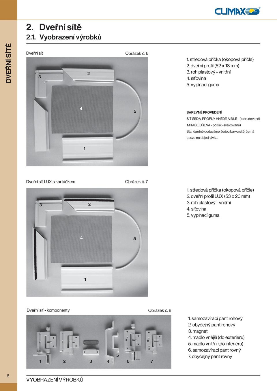1 Dveřní síť LUX s kartáčkem Obrázek č. 7 3 2 1. středová příčka (okopová příčle) 2. dveřní profil LUX (53 x 20 mm) 3. roh plastový - vnitřní 4. síťovina 5.