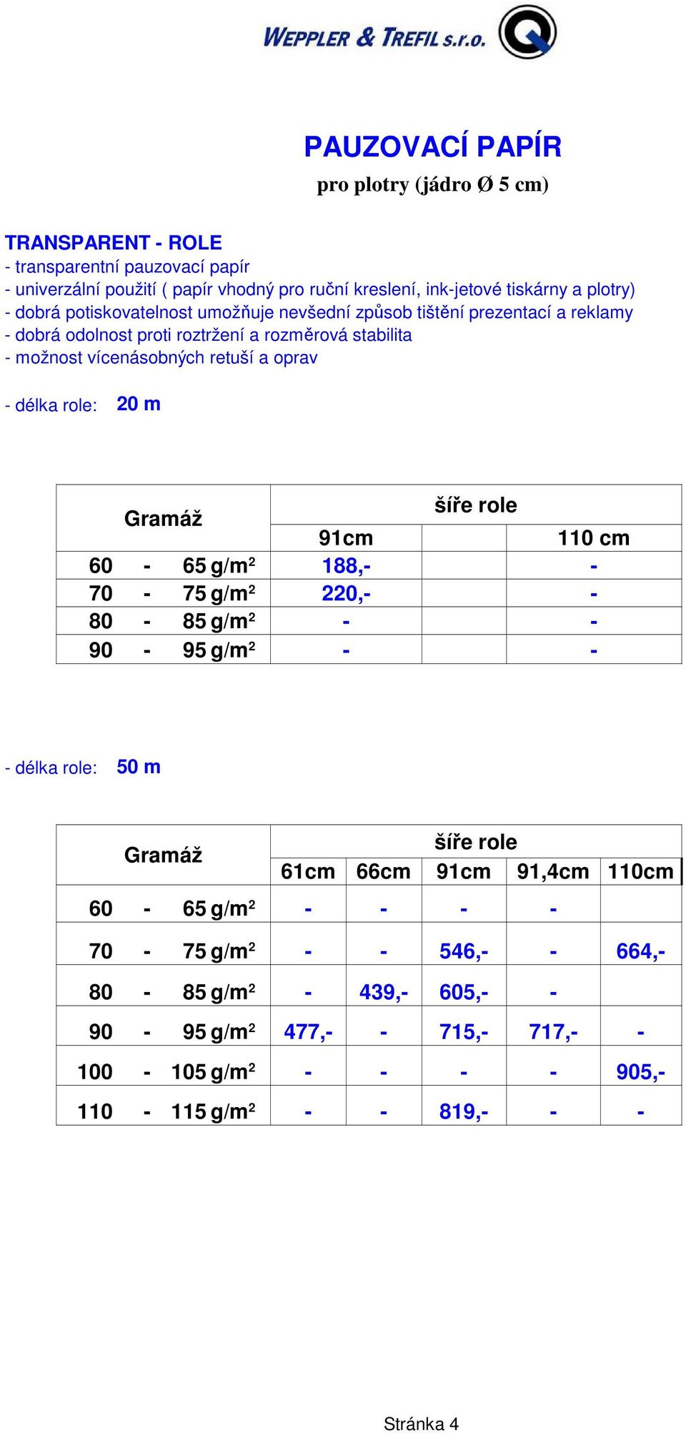 oprav - délka role: 20 m šíře role 91cm 110 cm 60-65 g/m 2 188,- - 70-75 g/m 2 220,- - 80-85 g/m 2 - - 90-95 g/m 2 - - - délka role: 50 m šíře role 61cm 66cm 91cm 91,4cm