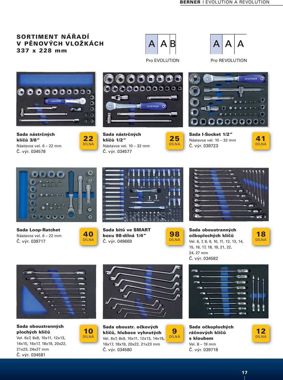 6, 7, 8, 9, 10, 11, 12, 13, 14, 18 15, 16, 17, 18, 19, 21, 22, 24, 27 mm Č. výr. 034582 Sada oboustranných plochých klíčů Vel. 6x7, 8x9, 10x11, 12x13, 14x15, 16x17, 18x19, 20x22, 21x23, 24x27 mm Č.
