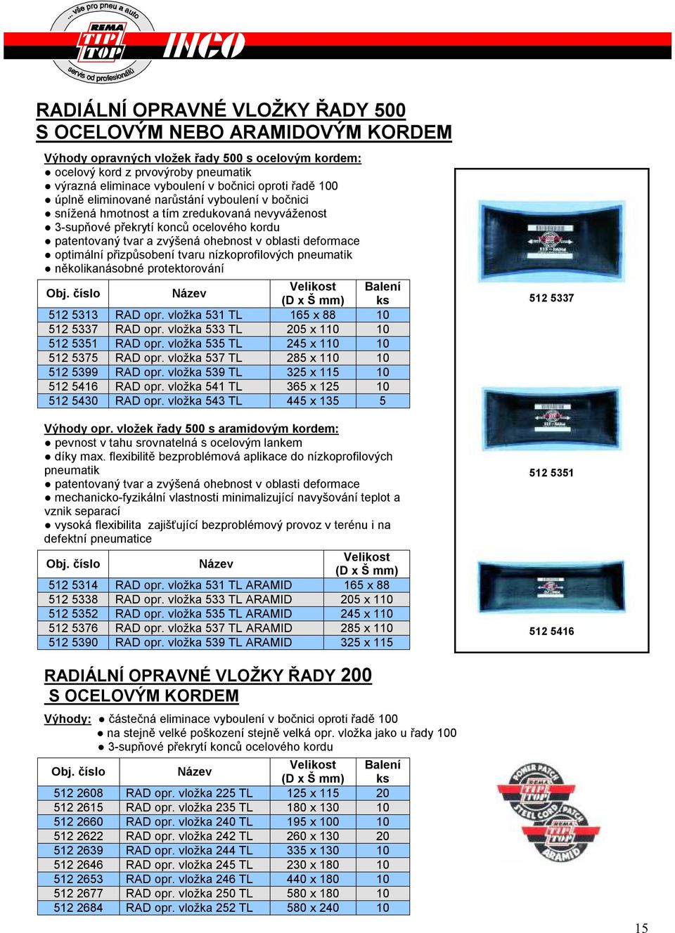 deformace optimální přizpůsobení tvaru nízkoprofilových pneumatik několikanásobné protektorování Velikost Balení (D x Š mm) ks 512 5313 RAD opr. vložka 531 TL 165 x 88 10 512 5337 RAD opr.