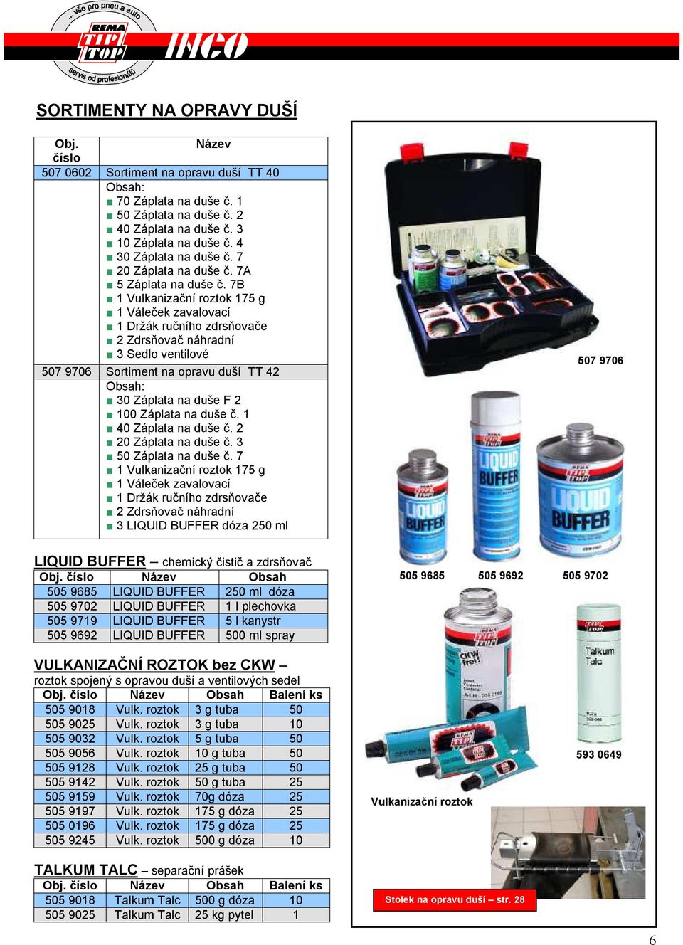 7B 1 Vulkanizační roztok 175 g 1 Váleček zavalovací 1 Držák ručního zdrsňovače 2 Zdrsňovač náhradní 3 Sedlo ventilové 507 9706 Sortiment na opravu duší TT 42 30 Záplata na duše F 2 100 Záplata na