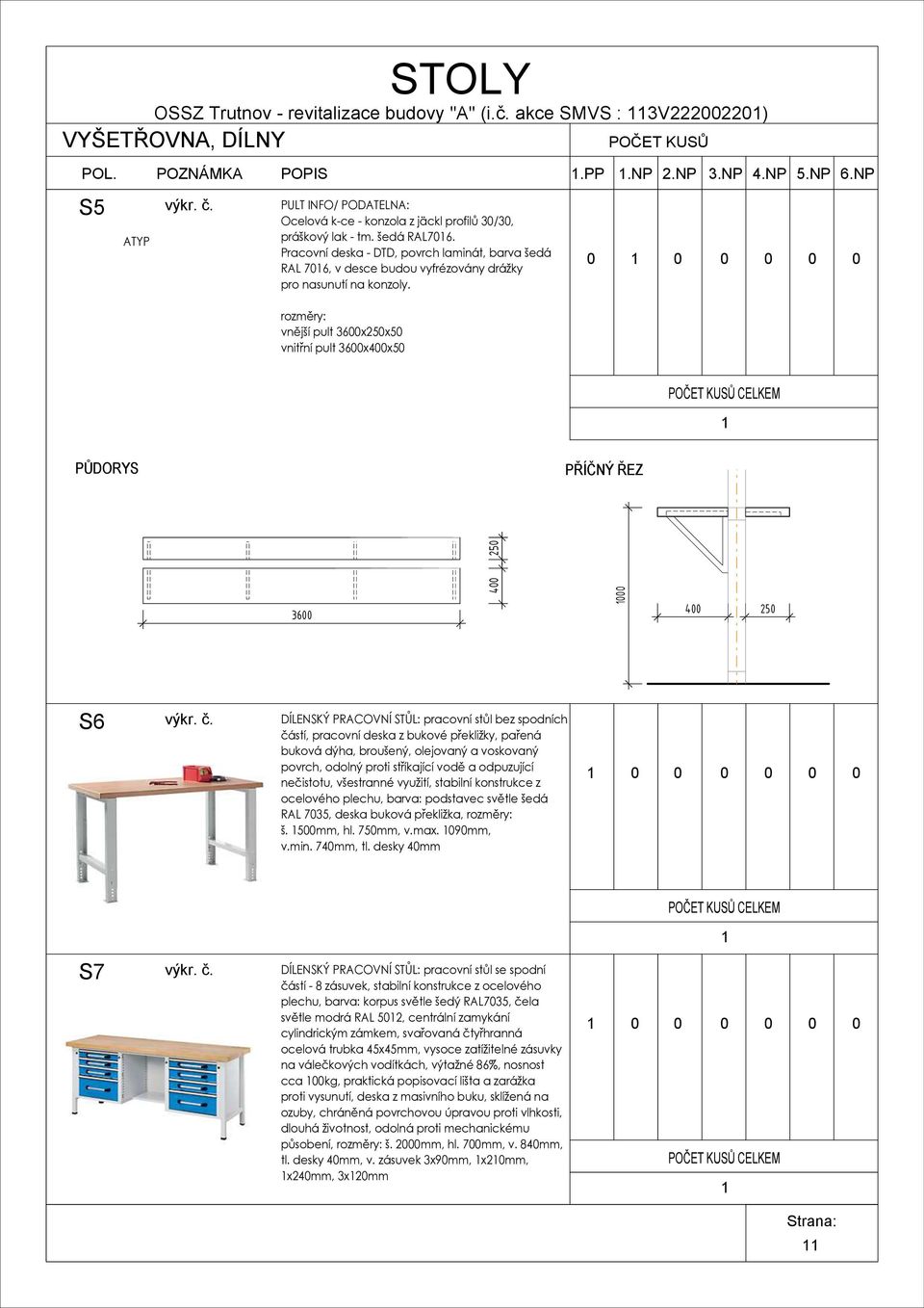 NP 6.NP PŮDORYS PŘÍČNÝ ŘEZ 25 36 25 S6 DÍLENSKÝ PRACOVNÍ STŮL: pracovní stůl bez spodních částí, pracovní deska z bukové překližky, pařená buková dýha, broušený, olejovaný a voskovaný povrch, odolný