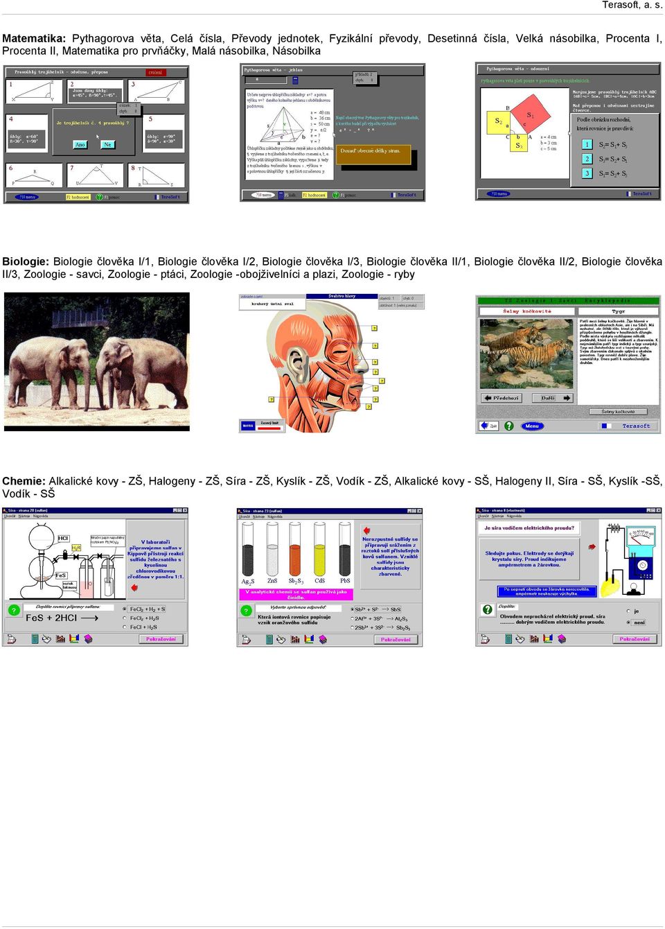 člověka II/1, Biologie člověka II/2, Biologie člověka II/3, Zoologie - savci, Zoologie - ptáci, Zoologie -obojživelníci a plazi, Zoologie -