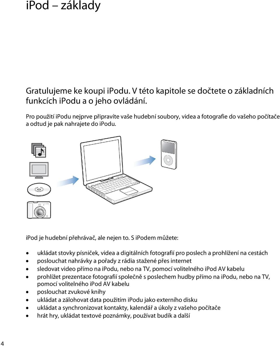 S ipodem můžete: ukládat stovky písniček, videa a digitálních fotografií pro poslech a prohlížení na cestách poslouchat nahrávky a pořady z rádia stažené přes internet sledovat video přímo na ipodu,