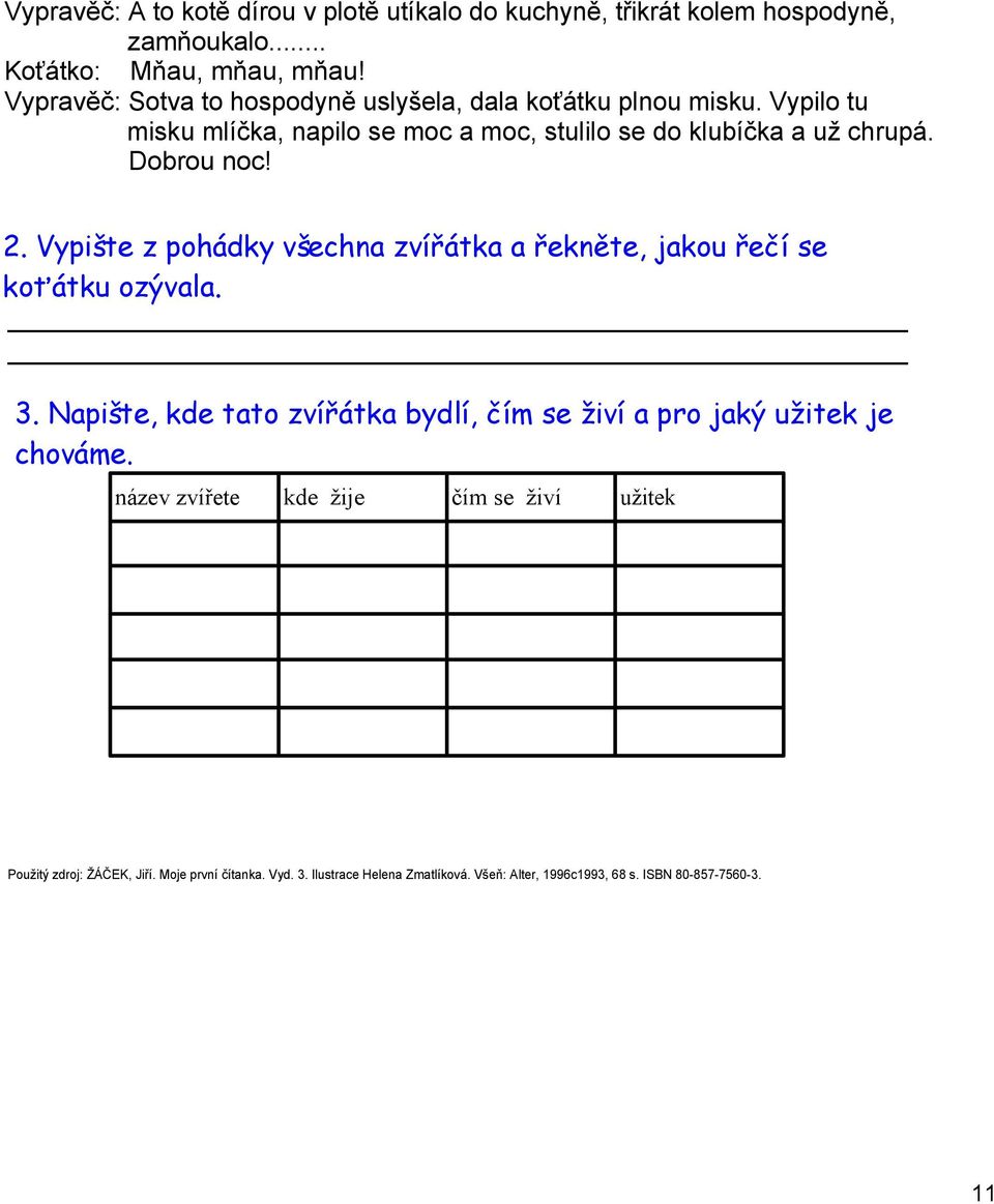 Dobrou noc! 2. Vypište z pohádky všechna zvířátka a řekněte, jakou řečí se koťátku ozývala. 3.