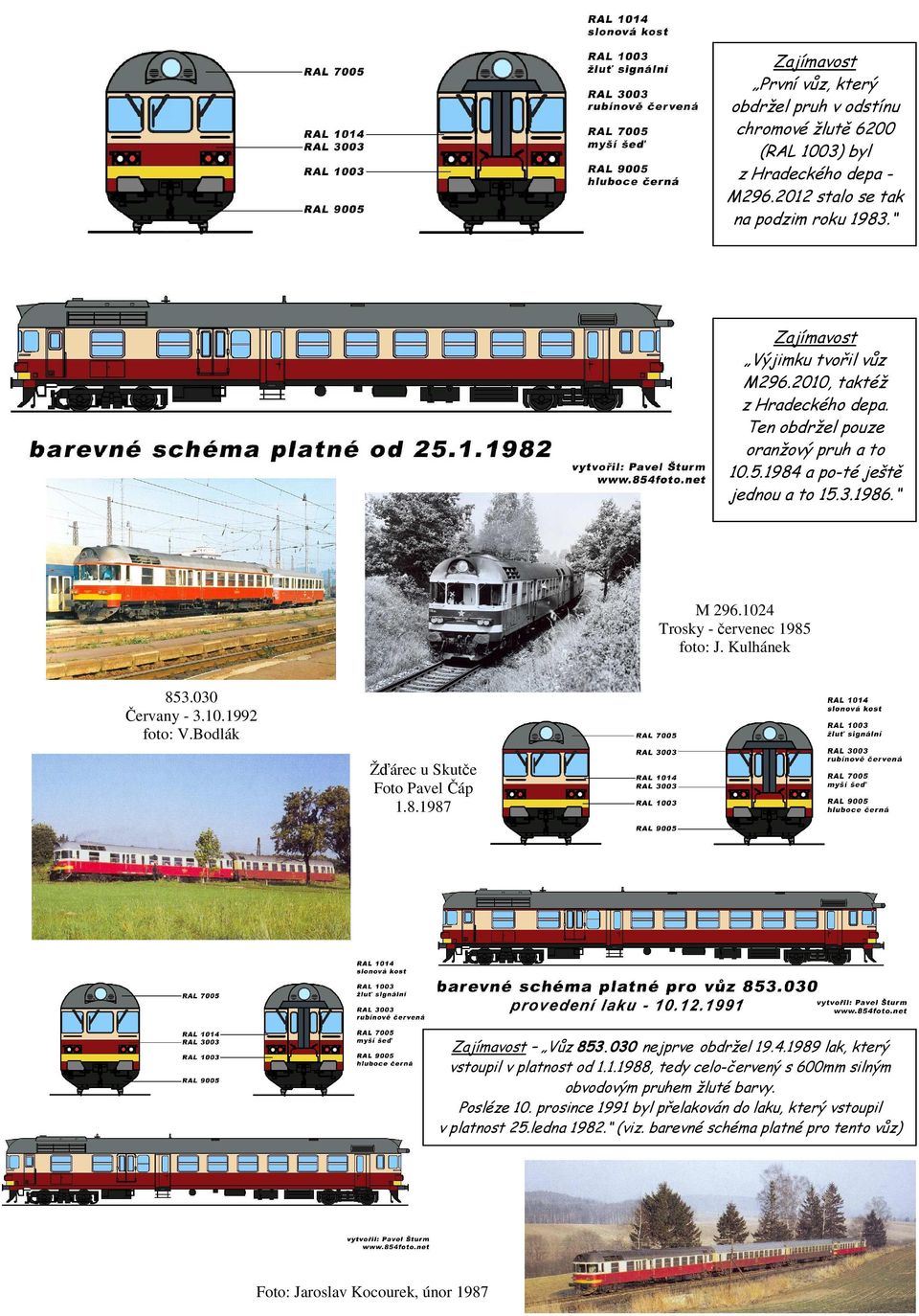 10.1992 foto: V.Bodlák Žďárec u Skutče Foto Pavel Čáp 1.8.1987 Zajímavost Vůz 853.030 nejprve obdržel 19.4.1989 lak, který vstoupil v platnost od 1.1.1988, tedy celo-červený s 600mm silným obvodovým pruhem žluté barvy.