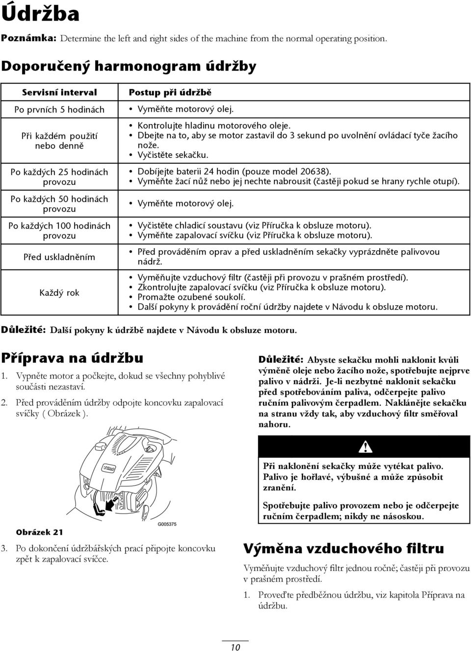 uskladněním Každý rok Postup při údržbě Vyměňte motorový olej. Kontrolujte hladinu motorového oleje. Dbejte na to, aby se motor zastavil do 3 sekund po uvolnění ovládací tyče žacího nože.