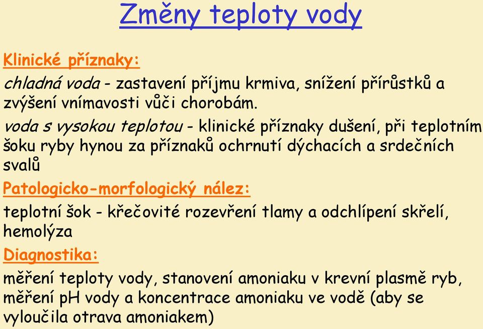 Patologicko-morfologický nález: teplotní šok - křečovité rozevření tlamy a odchlípení skřelí, hemolýza Diagnostika: měření teploty