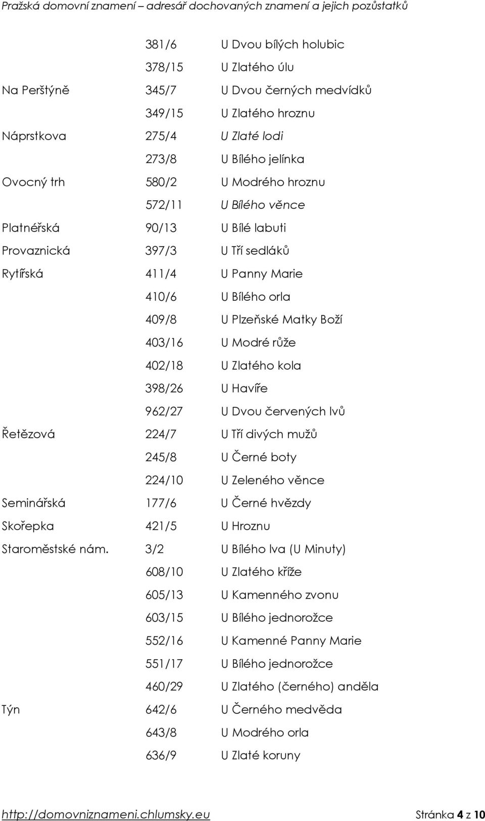 Zlatého kola 398/26 U Havíře 962/27 U Dvou červených lvů Řetězová 224/7 U Tří divých mužů 245/8 U Černé boty 224/10 U Zeleného věnce Seminářská 177/6 U Černé hvězdy Skořepka 421/5 U Hroznu