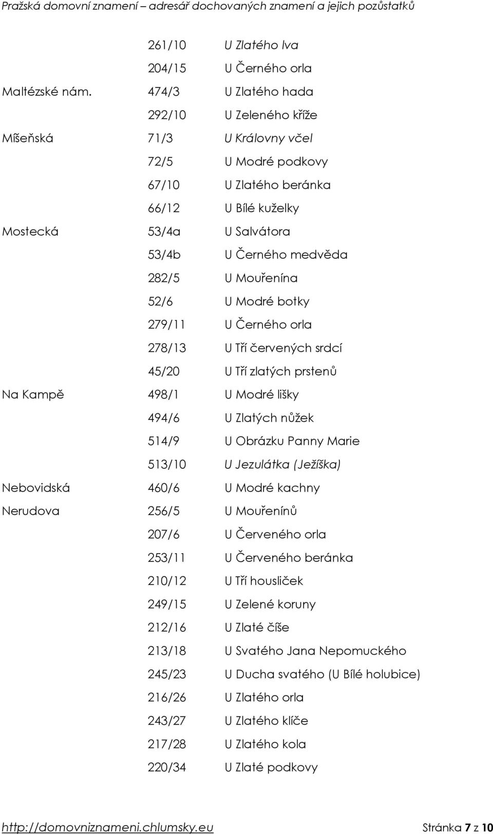 Mouřenína 52/6 U Modré botky 279/11 U Černého orla 278/13 U Tří červených srdcí 45/20 U Tří zlatých prstenů Na Kampě 498/1 U Modré lišky 494/6 U Zlatých nůžek 514/9 U Obrázku Panny Marie 513/10 U