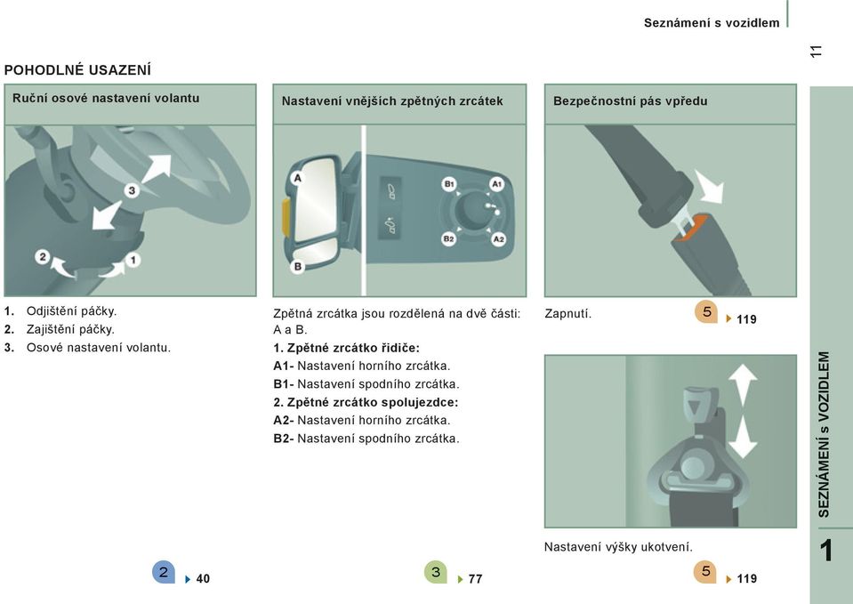 B1- Nastavení spodního zrcátka. 2. Zpětné zrcátko spolujezdce: A2- Nastavení horního zrcátka. B2- Nastavení spodního zrcátka.