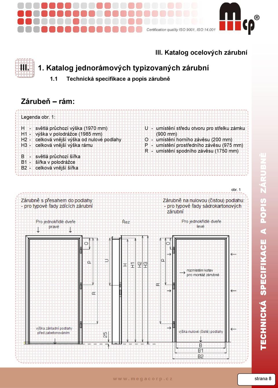 - světlá průchozí šířka B1 - šířka v polodrážce B2 - celková vnější šířka U - umístění středu otvoru pro střelku zámku (900 mm) O - umístění horního