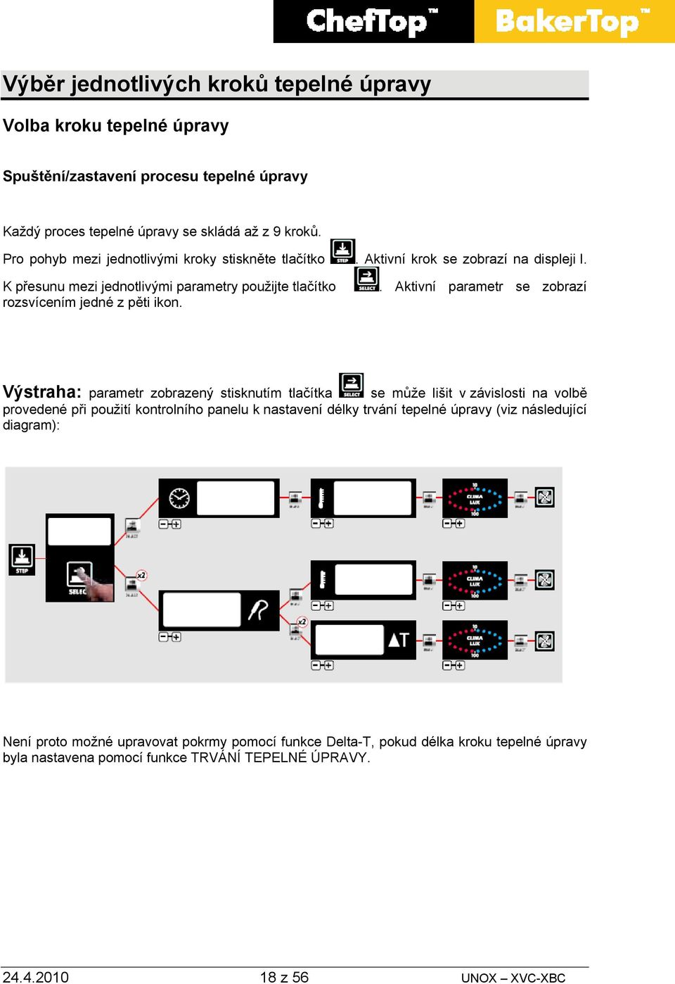 . Aktivní parametr se zobrazí Výstraha: parametr zobrazený stisknutím tlačítka se může lišit v závislosti na volbě provedené při použití kontrolního panelu k nastavení délky trvání