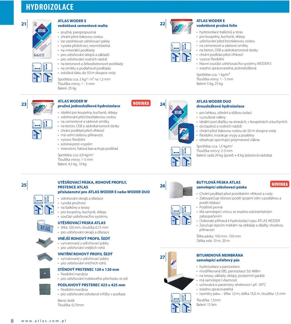 2 kg/1 m² na 1,5 mm Tloušťka vrstvy: 1-3 mm 22 ATLAS WODER E vodotěsná pružná folie hydroizolace balkónů a teras pro koupelny, kuchyně, sklepy utěsňování před beztlakovou vodou na cementové a sádrové