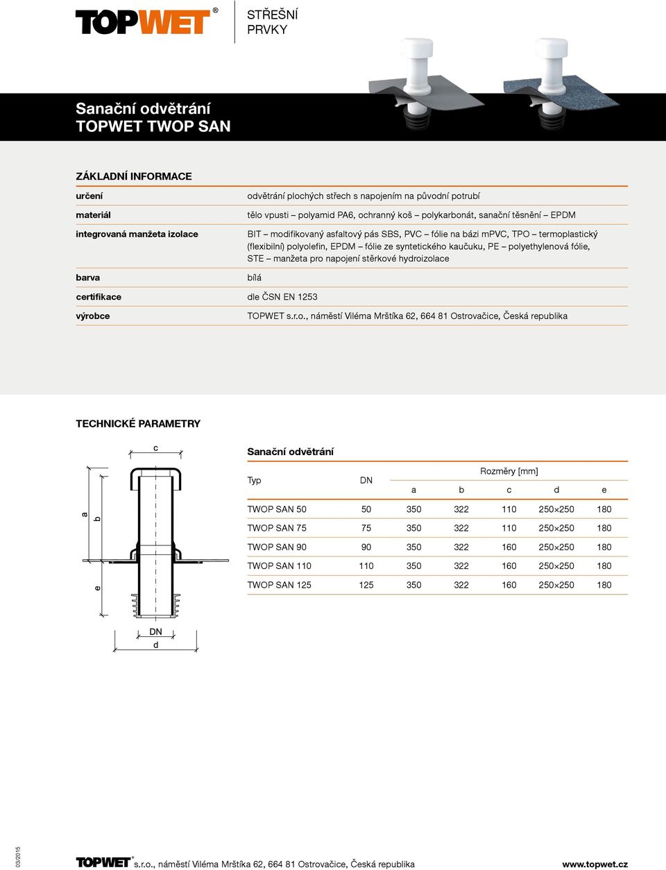 syntetického kaučuku, PE polyethylenová fólie, STE manžeta pro napojení stěrkové hydroizolace bílá TOPWET Sanační odvětrání a b c d e TWOP SAN 50 50 350 322 110