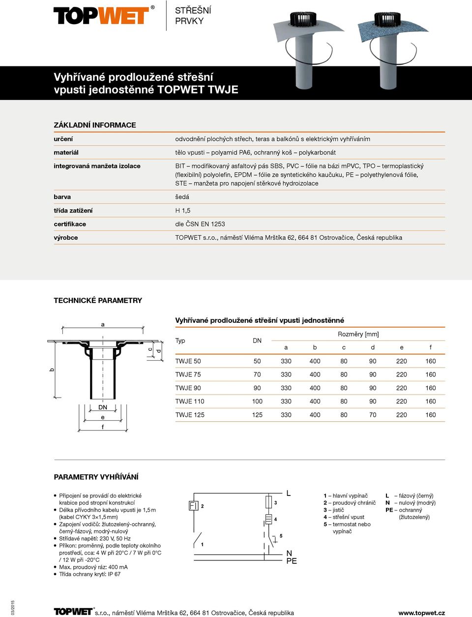 napojení stěrkové hydroizolace šedá třída zatížení H 1,5 TOPWET Vyhřívané prodloužené střešní vpusti jednostěnné a b c d e f TWJE 50 50 330 400 80 90 220 160 TWJE 75 70 330 400 80 90 220 160 TWJE 90
