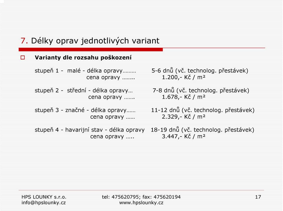 přestávek) cena opravy. 1.678,- Kč / m² stupeň 3 - značné - délka opravy 11-12 dnů (vč. technolog.