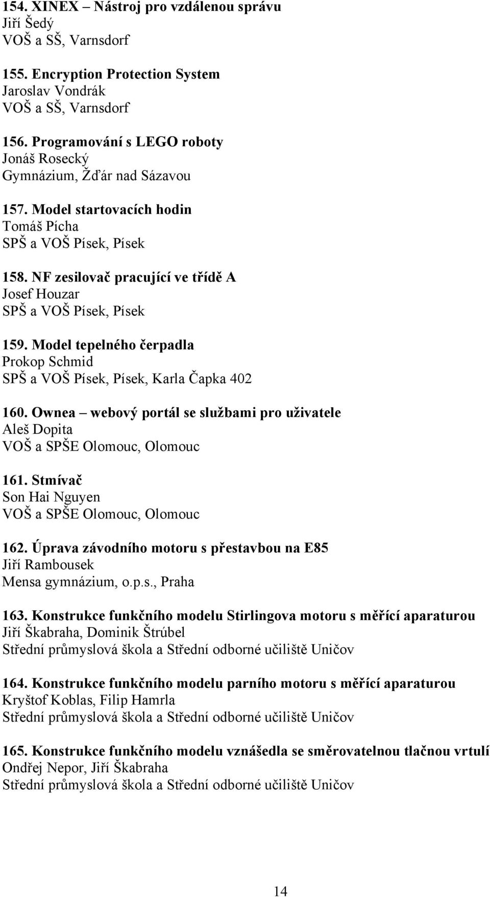 NF zesilovač pracující ve třídě A Josef Houzar SPŠ a VOŠ Písek, Písek 159. Model tepelného čerpadla Prokop Schmid SPŠ a VOŠ Písek, Písek, Karla Čapka 402 160.