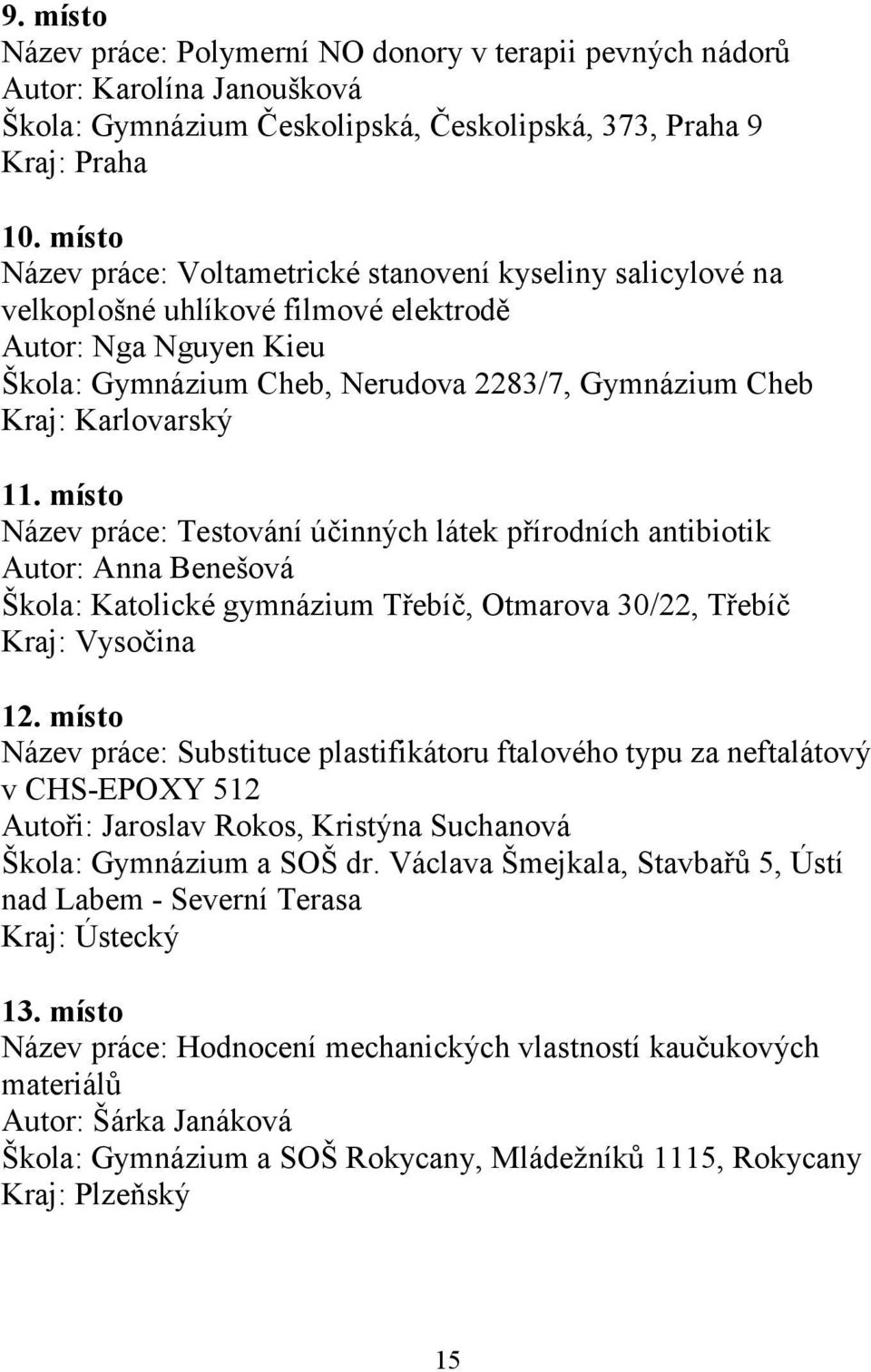 Karlovarský 11. místo Název práce: Testování účinných látek přírodních antibiotik Autor: Anna Benešová Škola: Katolické gymnázium Třebíč, Otmarova 30/22, Třebíč Kraj: Vysočina 12.