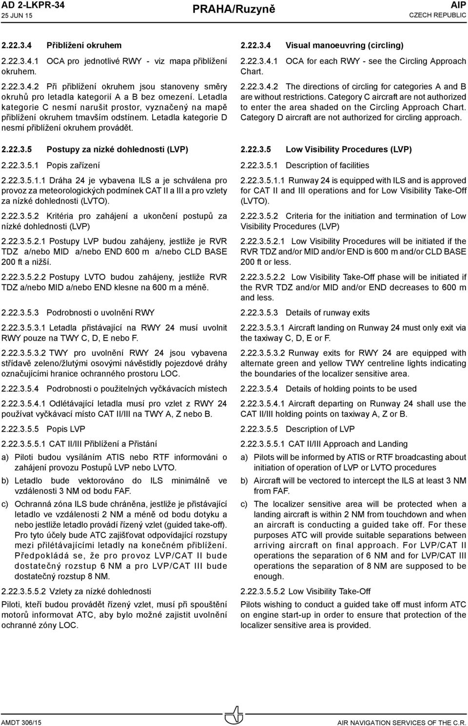 22.3.5.1 Popis zařízení 2.22.3.5.1.1 Dráha 24 je vybavena ILS a je schválena pro provoz za meteorologických podmínek CAT II a III a pro vzlety za nízké dohlednosti (LVTO). 2.22.3.5.2 Kritéria pro zahájení a ukončení postupů za nízké dohlednosti (LVP) 2.