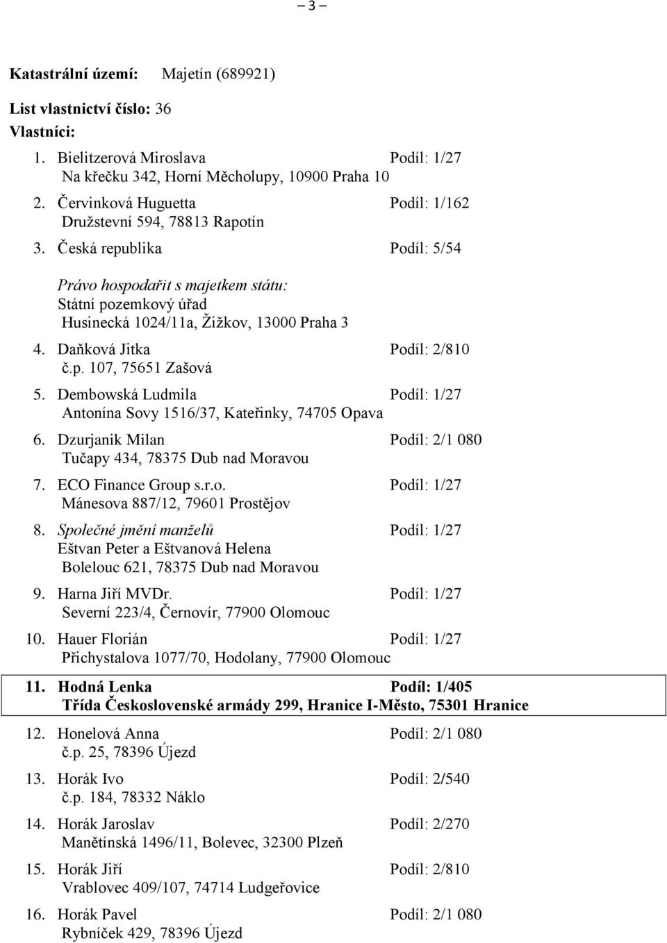 Daňková Jitka Podíl: 2/810 č.p. 107, 75651 Zašová 5. Dembowská Ludmila Podíl: 1/27 Antonína Sovy 1516/37, Kateřinky, 74705 Opava 6. Dzurjanik Milan Podíl: 2/1 080 Tučapy 434, 78375 Dub nad Moravou 7.