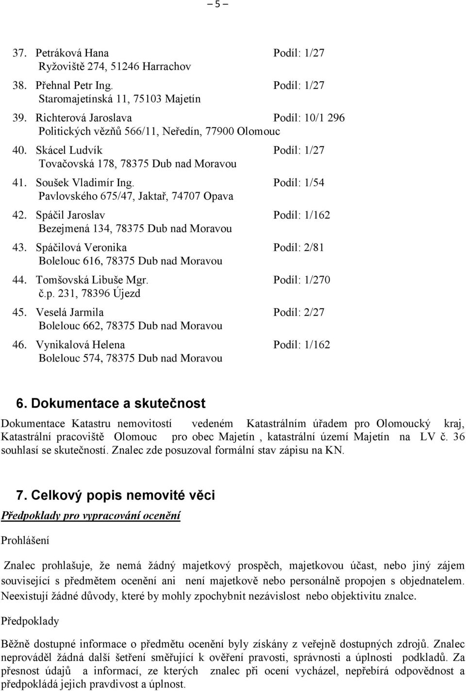 Podíl: 1/54 Pavlovského 675/47, Jaktař, 74707 Opava 42. Spáčil Jaroslav Podíl: 1/162 Bezejmená 134, 78375 Dub nad Moravou 43. Spáčilová Veronika Podíl: 2/81 Bolelouc 616, 78375 Dub nad Moravou 44.