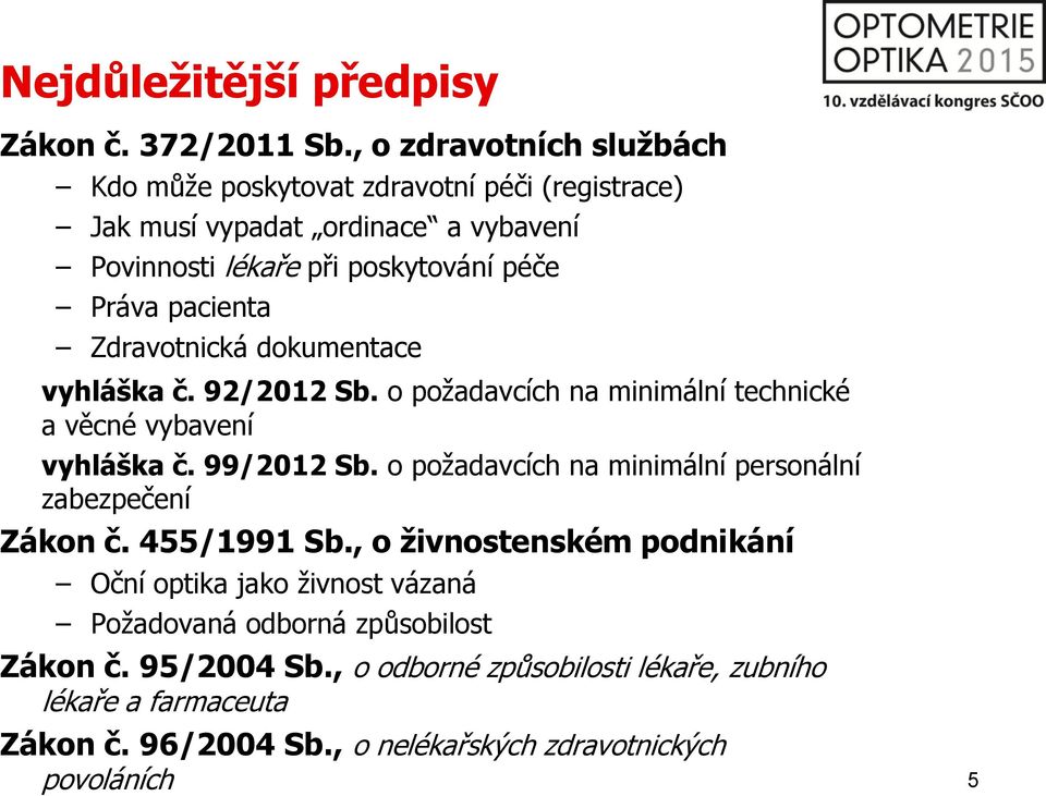 pacienta Zdravotnická dokumentace vyhláška č. 92/2012 Sb. o požadavcích na minimální technické a věcné vybavení vyhláška č. 99/2012 Sb.