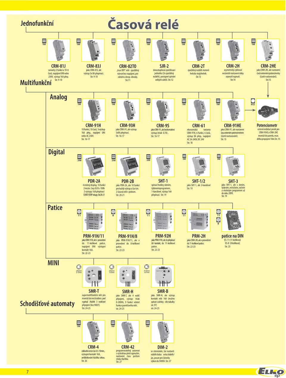 tr.4 CRM-HE jako CRM-H, ale nastavení časů eterními potencimetry (časté nastavování). tr.5 Analog CRM-9H funkcí, časů, výstup 6A přep., napájení UI nebo AC 30V. tr. 6-7 CRM-93H jako CRM-9, ale výstup 38A přepínací.