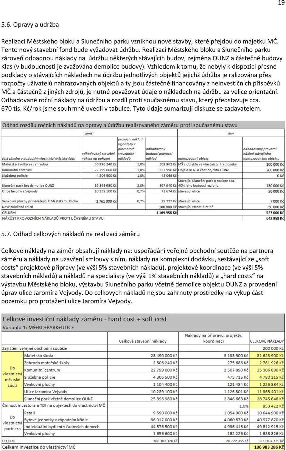 Vzhledem k tomu, že nebyly k dispozici přesné podklady o stávajících nákladech na údržbu jednotlivých objektů jejichž údržba je ralizována přes rozpočty uživatelů nahrazovaných objektů a ty jsou