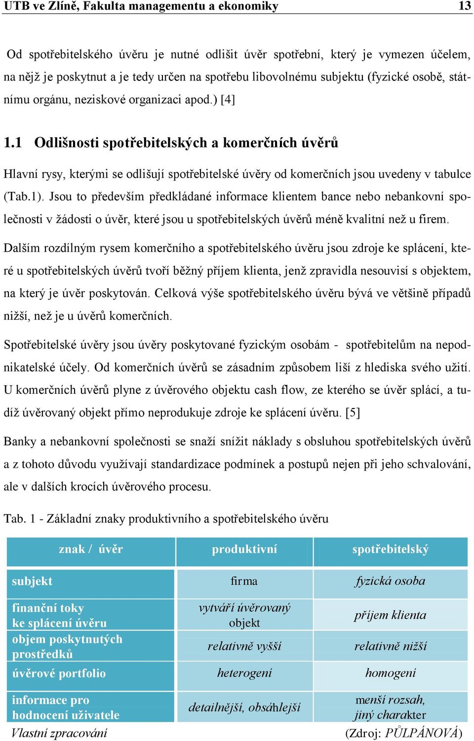 1 Odlišnosti spotřebitelských a komerčních úvěrů Hlavní rysy, kterými se odlišují spotřebitelské úvěry od komerčních jsou uvedeny v tabulce (Tab.1).