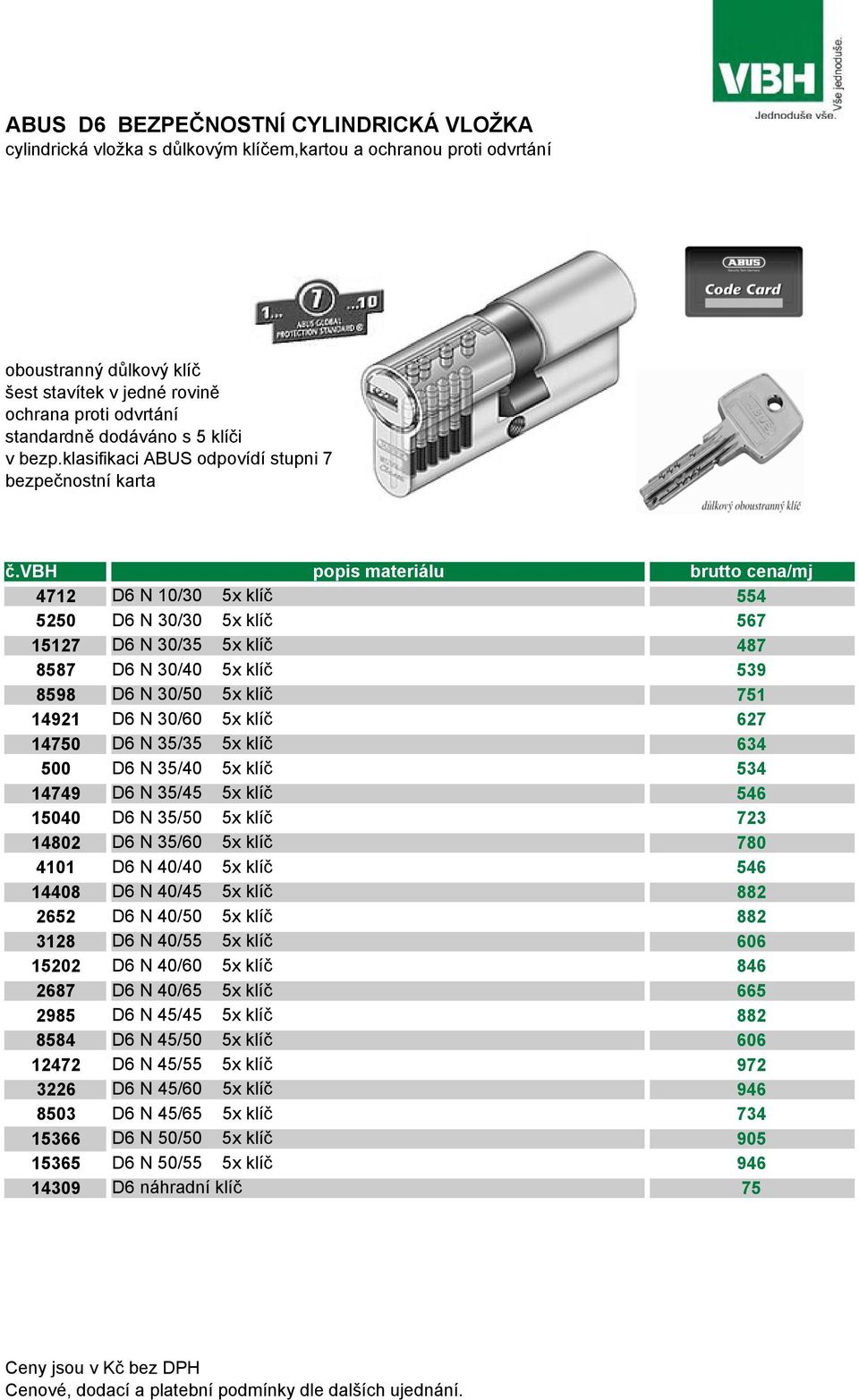 vbh popis materiálu brutto cena/mj 4712 D6 N 10/30 5x klíč 554 5250 D6 N 30/30 5x klíč 567 15127 D6 N 30/35 5x klíč 487 8587 D6 N 30/40 5x klíč 539 8598 D6 N 30/50 5x klíč 751 14921 D6 N 30/60 5x