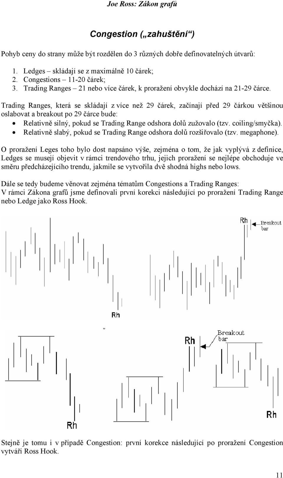 Trading Ranges, která se skládají z více než 29 čárek, začínají před 29 čárkou většinou oslabovat a breakout po 29 čárce bude: Relativně silný, pokud se Trading Range odshora dolů zužovalo (tzv.