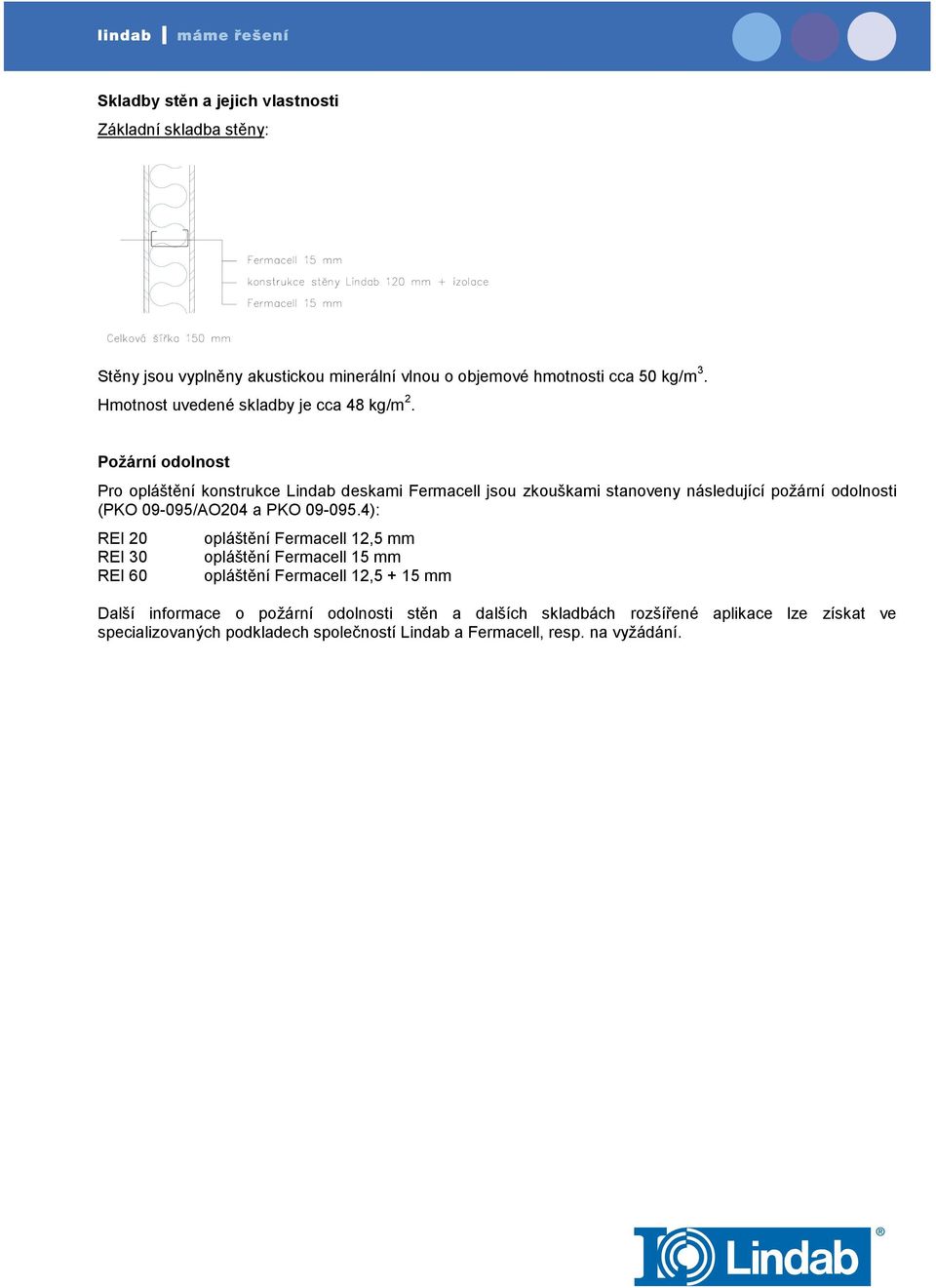Požární odolnost Pro opláštění konstrukce Lindab deskami Fermacell jsou zkouškami stanoveny následující požární odolnosti (PKO 09-095/AO204 a PKO 09-095.