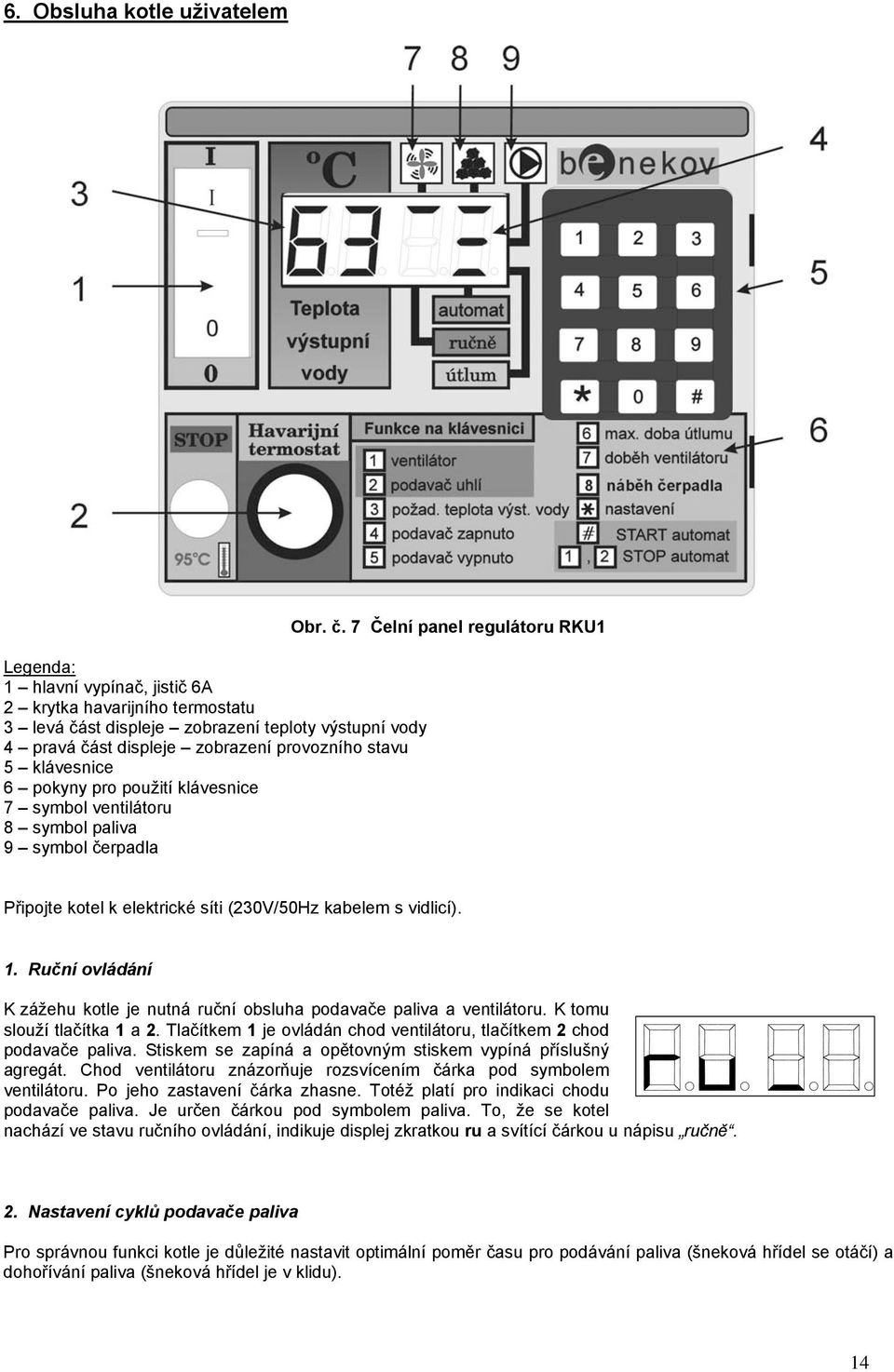 1. Ruční ovládání K zážehu kotle je nutná ruční obsluha podavače paliva a ventilátoru. K tomu slouží tlačítka 1 a 2. Tlačítkem 1 je ovládán chod ventilátoru, tlačítkem 2 chod podavače paliva.