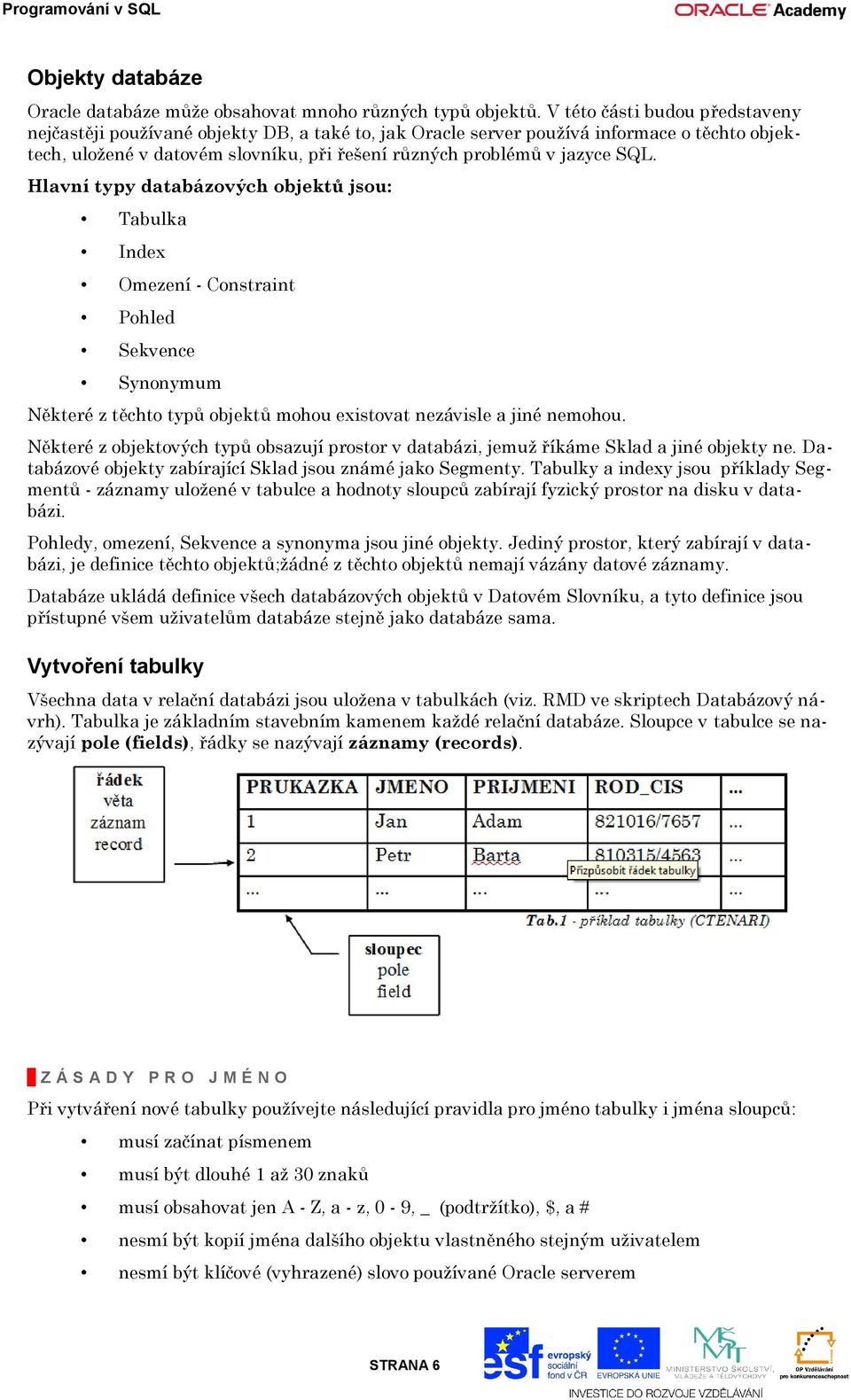 Hlavní typy databázových objektů jsou: Tabulka Index Omezení - Constraint Pohled Sekvence Synonymum Některé z těchto typů objektů mohou existovat nezávisle a jiné nemohou.