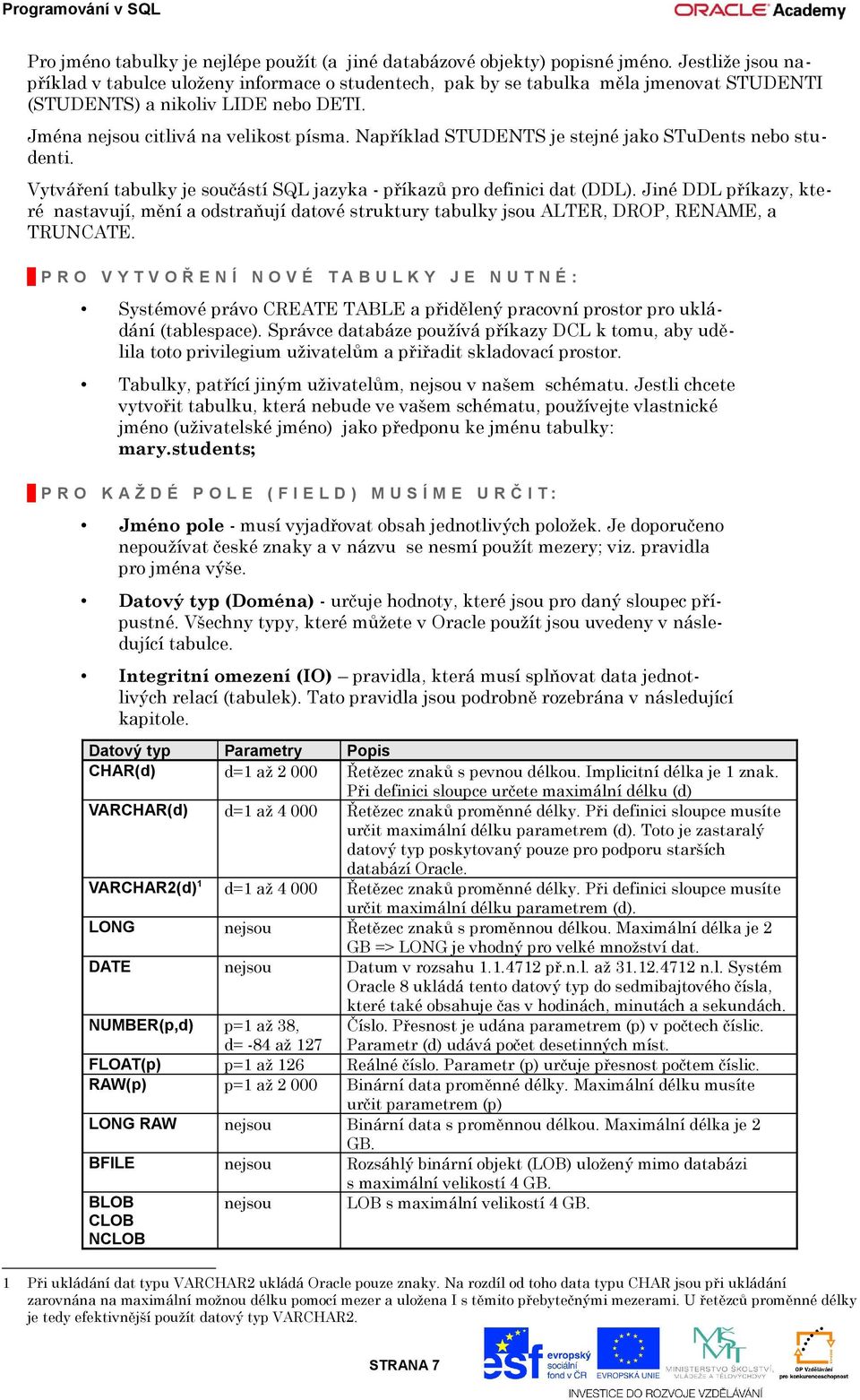 Například STUDENTS je stejné jako STuDents nebo studenti. Vytváření tabulky je součástí SQL jazyka - příkazů pro definici dat (DDL).