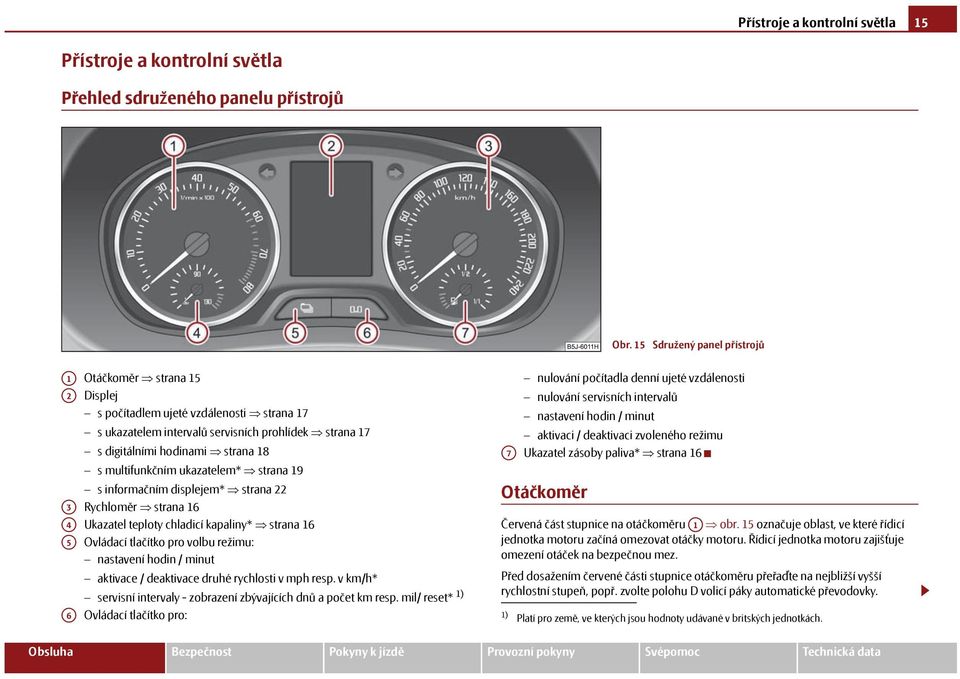 multifunkčním ukazatelem* strana 19 s informačním displejem* strana 22 A3 A4 A5 Rychloměr strana 16 Ukazatel teploty chladicí kapaliny* strana 16 Ovládací tlačítko pro volbu režimu: A6 nastavení