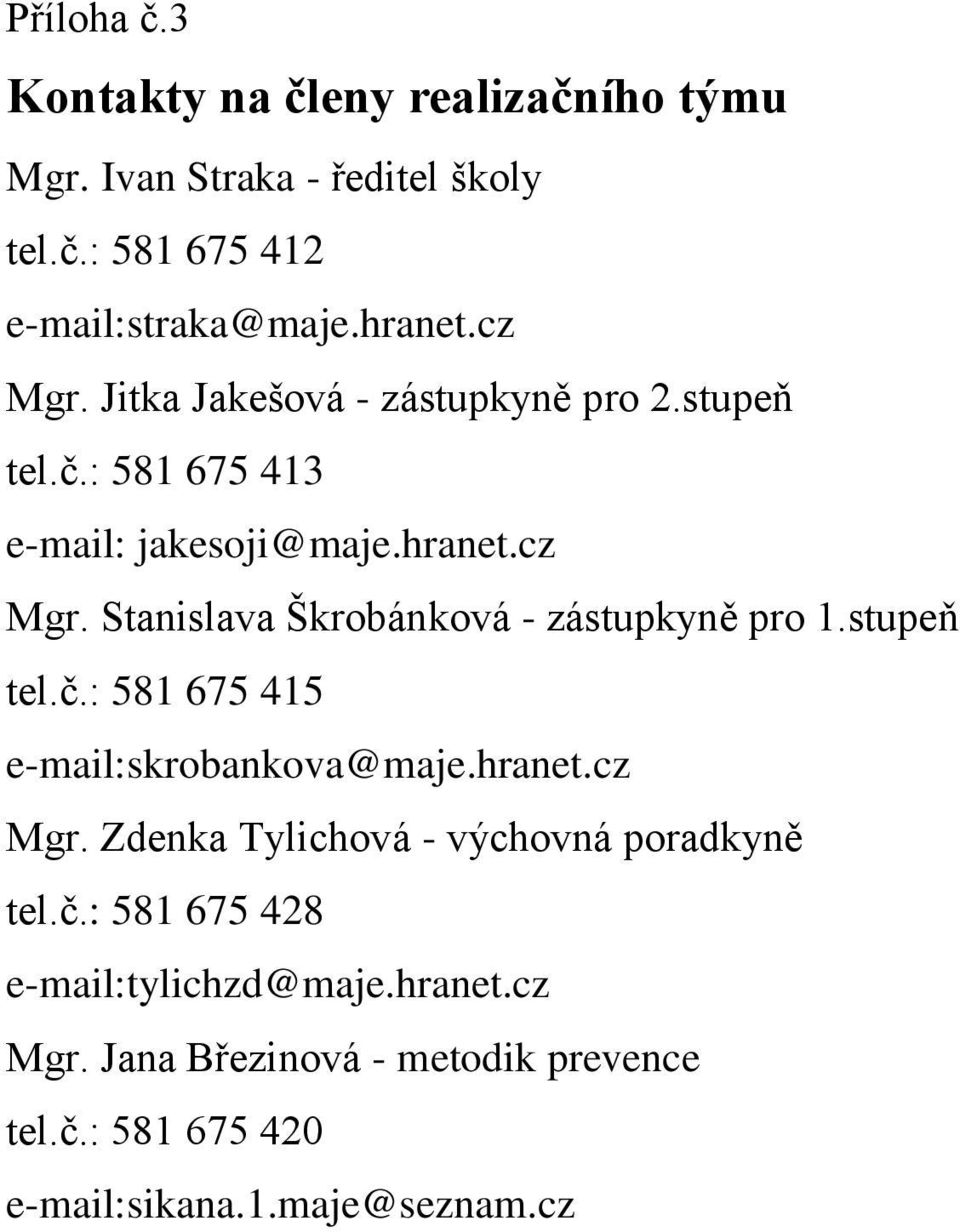 stupeň tel.č.: 581 675 415 e-mail:skrobankova@maje.hranet.cz Mgr. Zdenka Tylichová - výchovná poradkyně tel.č.: 581 675 428 e-mail:tylichzd@maje.