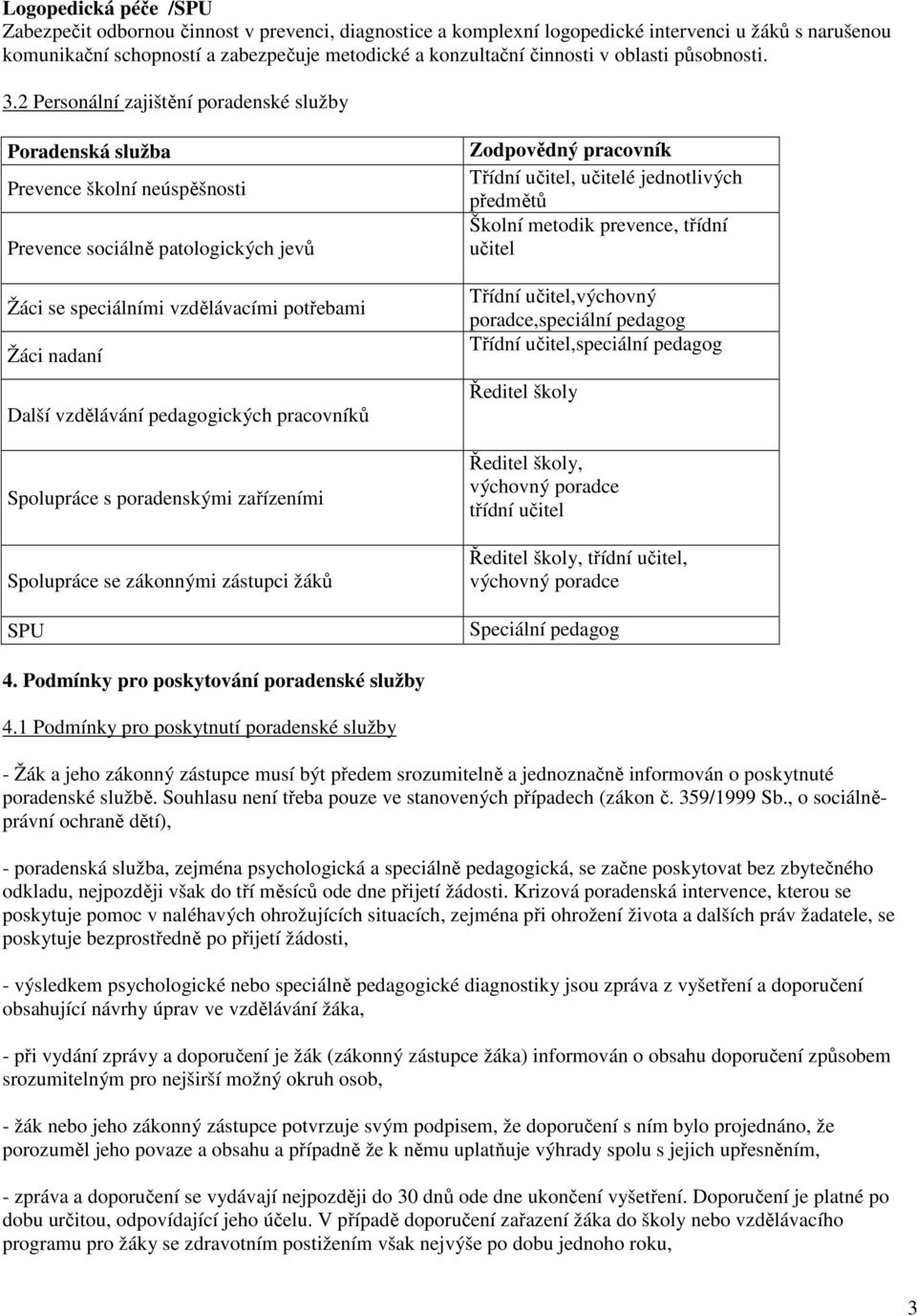 2 Personální zajištění poradenské služby Poradenská služba Prevence školní neúspěšnosti Prevence sociálně patologických jevů Žáci se speciálními vzdělávacími potřebami Žáci nadaní Další vzdělávání