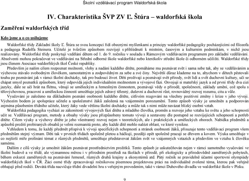 Učitelé je tvůrčím způsobem rozvíjejí s přihlédnutí k místním, časovým a kulturním podmínkám, v nichž jsou realizovány. Waldorfské třídy poskytují vzdělání dětem od 1. do 9.