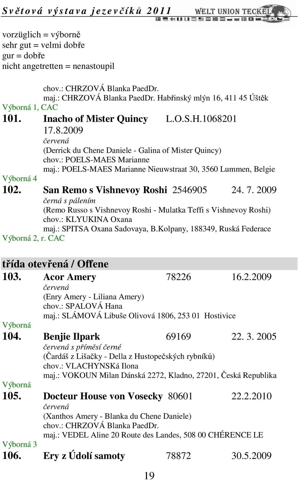 7. 2009 (Remo Russo s Vishnevoy Roshi - Mulatka Teffi s Vishnevoy Roshi) chov.: KLYUKINA Oxana maj.: SPITSA Oxana Sadovaya, B.Kolpany, 188349, Ruská Federace 2, r. CAC třída otevřená / Offene 103.