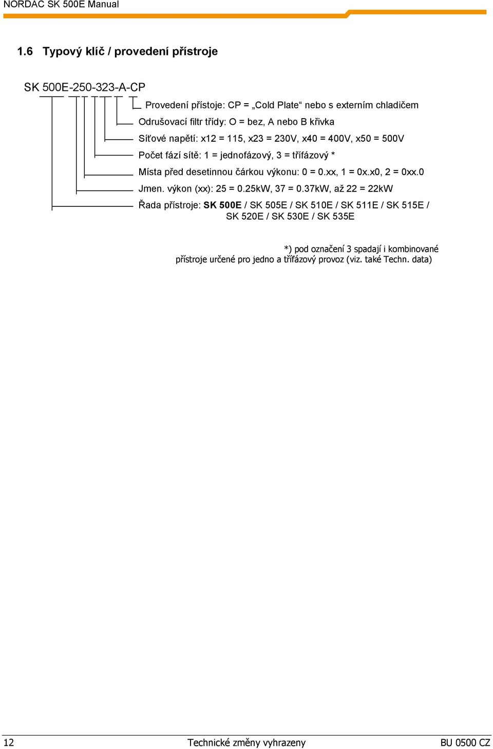 Síťové napětí: x12 = 115, x23 = 230V, x40 = 400V, x50 = 500V Počet fází sítě: 1 = jednofázový, 3 = třífázový * Místa před desetinnou čárkou výkonu: 0 = 0.xx, 1 = 0x.