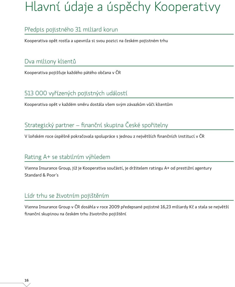 úspěšně pokračovala spolupráce s jednou z největších finančních institucí v ČR Rating A+ se stabilním výhledem Vienna Insurance Group, jíž je Kooperativa součástí, je držitelem ratingu A+ od