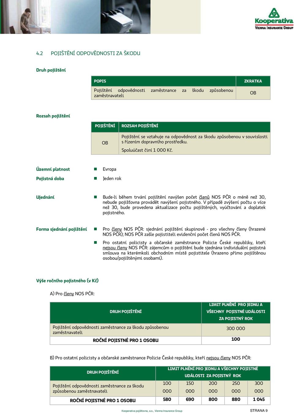 Územní platnost Pojistná doba Evropa Jeden rok Ujednání Bude-li během trvání pojištění navýšen počet členů NOS PČR o méně než 30, nebude pojišťovna provádět navýšení pojistného.