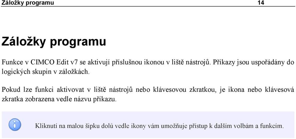 Pokud lze funkci aktivovat v liště nástrojů nebo klávesovou zkratkou, je ikona nebo klávesová