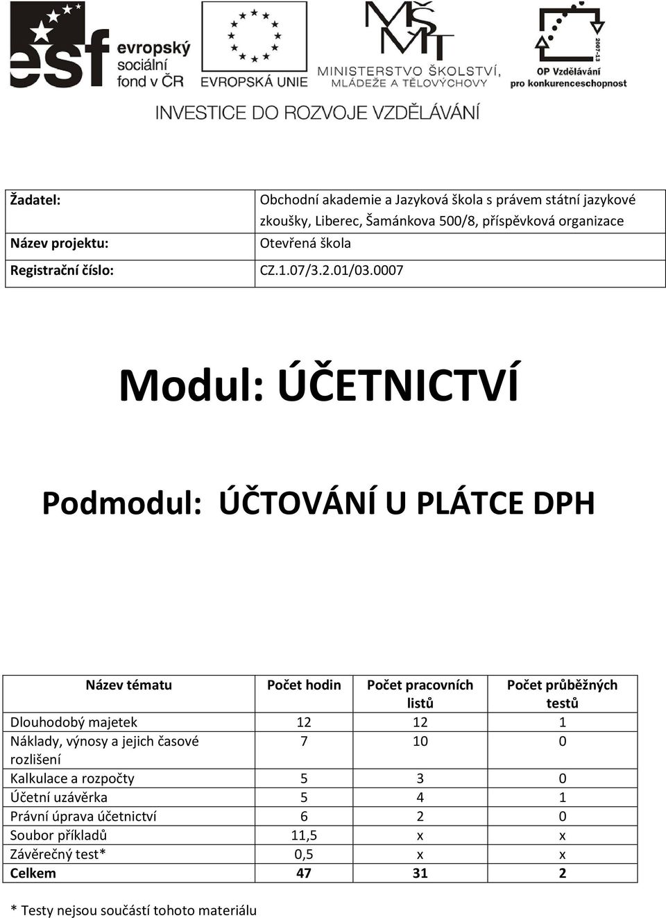 0007 Modul: ÚČETNICTVÍ Podmodul: ÚČTOVÁNÍ U PLÁTCE DPH Název tématu Počet hodin Počet pracovních listů Počet průběžných testů Dlouhodobý majetek