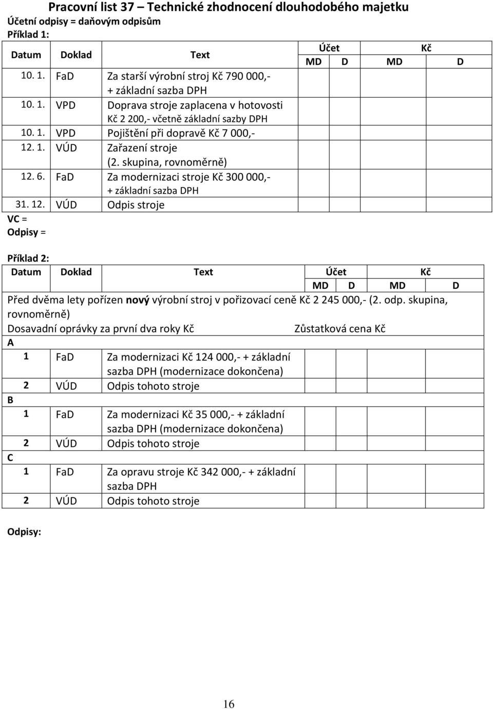 odp. skupina, rovnoměrně) Dosavadní oprávky za první dva roky Zůstatková cena A B C 1 FaD Za modernizaci 124 000,- + základní sazba DPH (modernizace dokončena) 2 VÚD Odpis tohoto stroje 1 FaD Za