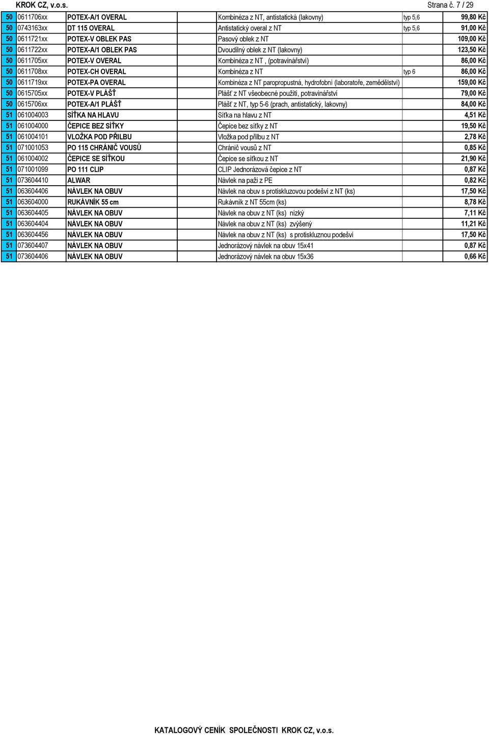 oblek z NT 109,00 Kč 50 0611722xx POTEX-A/1 OBLEK PAS Dvoudílný oblek z NT (lakovny) 123,50 Kč 50 0611705xx POTEX-V OVERAL Kombinéza z NT, (potravinářství) 86,00 Kč 50 0611708xx POTEX-CH OVERAL