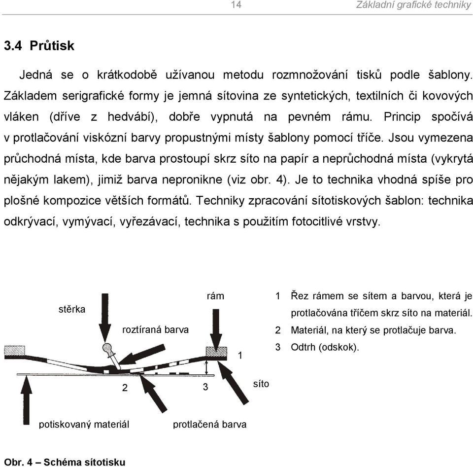 Princip spočívá v protlačování viskózní barvy propustnými místy šablony pomocí tříče.